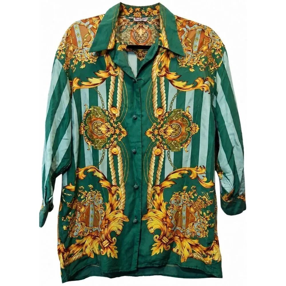Vintage renato nucci womens medium 100% silk blouse equestrian green whimsical